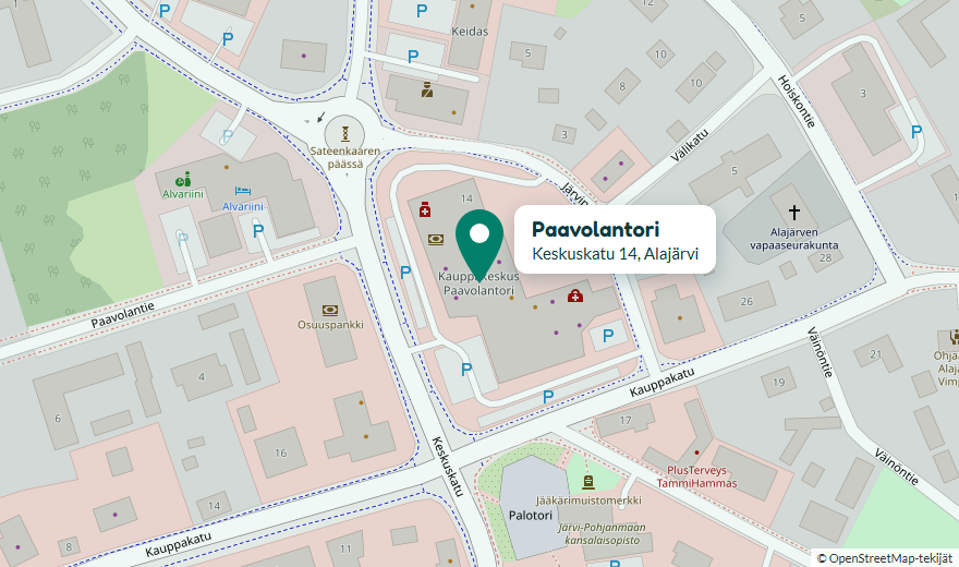 Kartta: Paavolantori osoitteessa Keskuskatu 14, Alajärvi, Keskuskadun ja Kauppakadun kulmassa. Pysäköintialueita on kauppakeskuksen ympärillä.